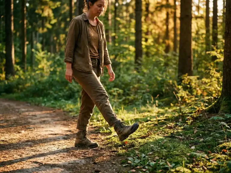 Persoon stapt bewust van een bospad af naar ongerept terrein, omgeven door goudkleurig gefilterd licht tussen de bomen.