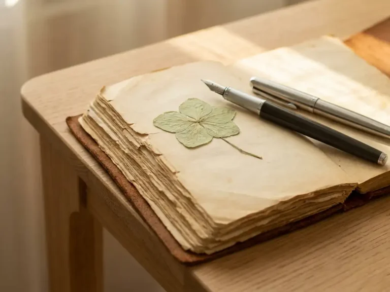 Vergeeld kinderdagboek opengeslagen op een eikenhouten bureau, met een gedroogde bloem tussen de pagina's en een pen er dwars overheen.