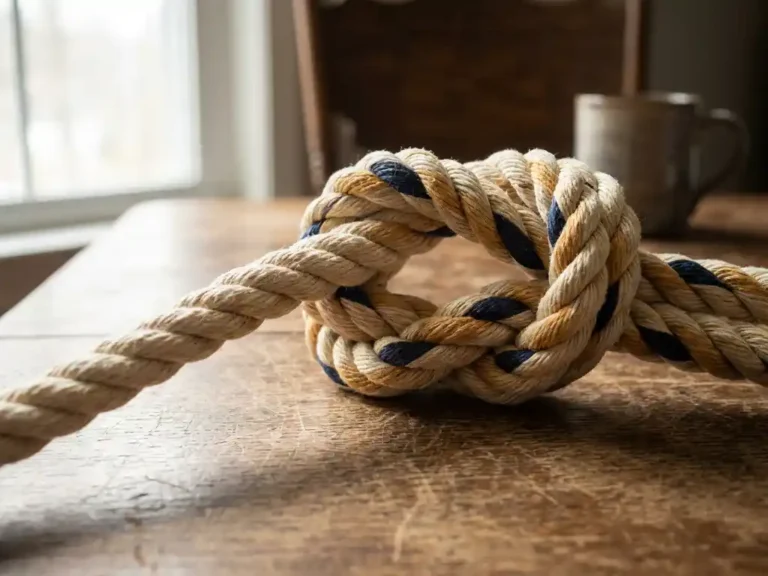 Dikke touw in complexe knoop die langzaam losraakt op een versleten eiken tafel, zachte natuurlijke zijdelingse belichting.