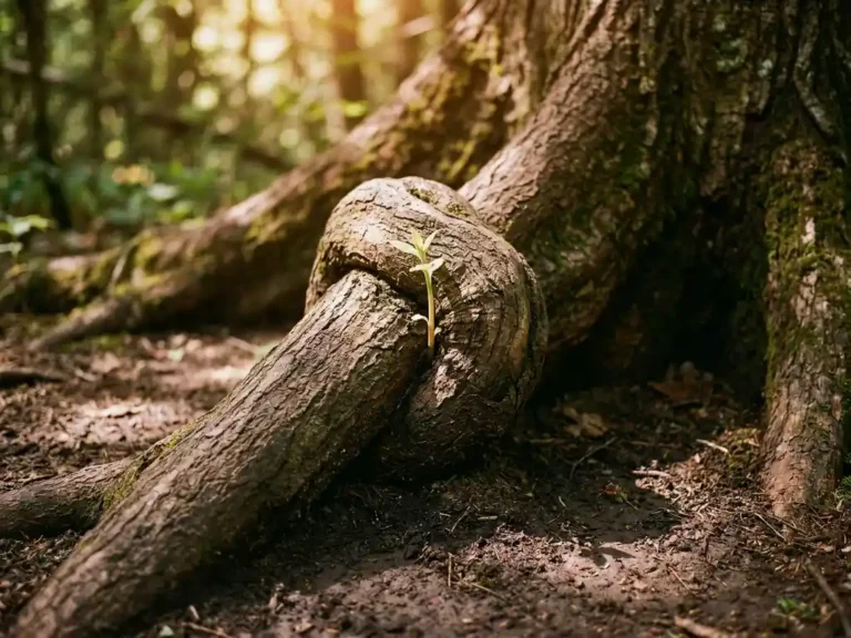 Gekronkelde boomwortel die zichzelf omsnoert in donkere bosgrond, met een slanke groene scheut die omhooggroeit door een smalle opening.
