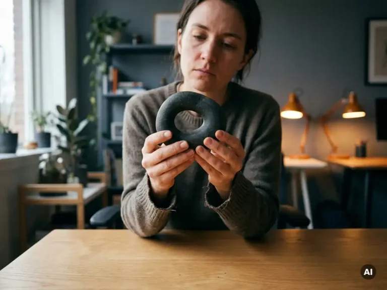 Persoon houdt gladde stenen ring vast aan houten tafel in moderne coachingsruimte, peinzende blik, warm natuurlijk licht.