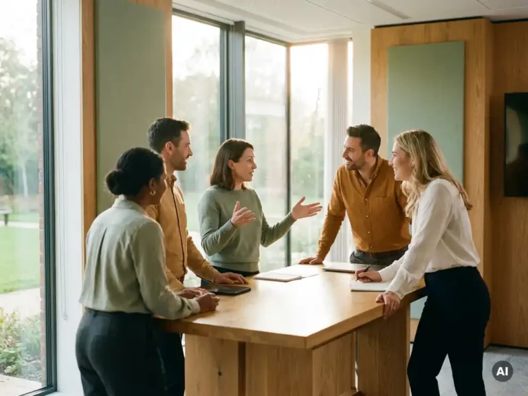Diverse professionals in gesprek rond een eiken tafel in een lichte vergaderruimte, open lichaamstaal, warm middaglicht.