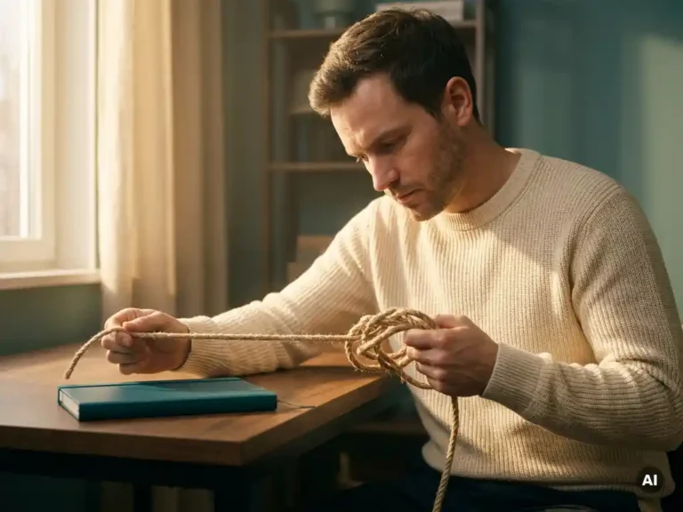 Professional aan minimalistisch houten bureau lost verwarde knoop op, één draad glad uitgetrokken, warm gouden zijlicht, contempltatief moment.
