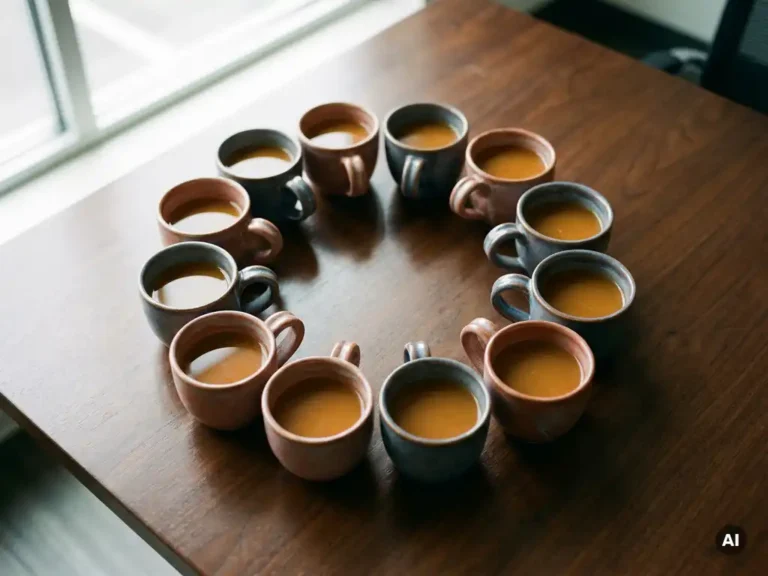 Keramische koffiekopjes in een cirkel op een vergadertafel, handvatten aaneengesloten in een eindeloze lus, warm amberkleurig koffie.