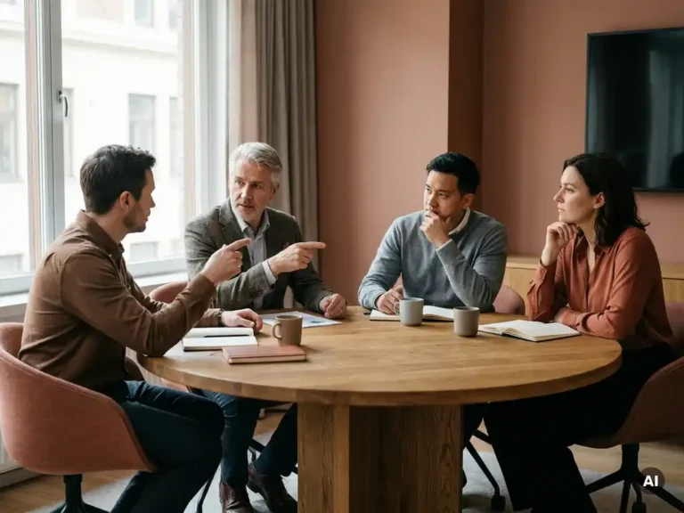 Leidinggevende en drie collega's aan een ronde houten tafel in een gespannen vergadering, met circulaire lichaamstaal in warm kantoorlicht.
