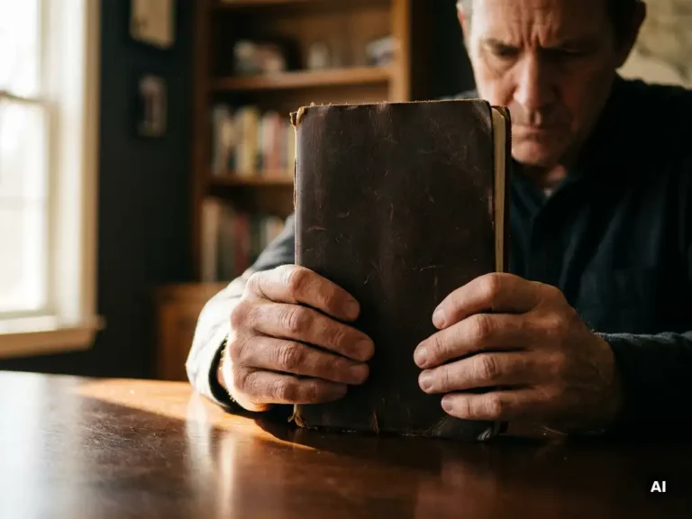 Persoon die een versleten leren notitieboek stevig vasthoudt aan een houten coachtafel, zacht raamlicht verlicht de handen.