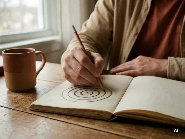 Hand die herhaaldelijk een spiraalvormige groef trekt in een notitieboek op een houten bureau, zacht zijlicht, contemplatieve sfeer.
