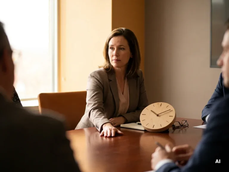 Professionele vrouw pauzeert gesprek met vlakke hand op vergadertafel, houten klok als tijdsmetafoor, warm natuurlijk licht.
