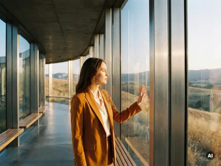 Vrouw in glazen ronde gang kijkt contemplatief naar buiten in zonnig landschap, gouden-uurlicht, architecturale setting.